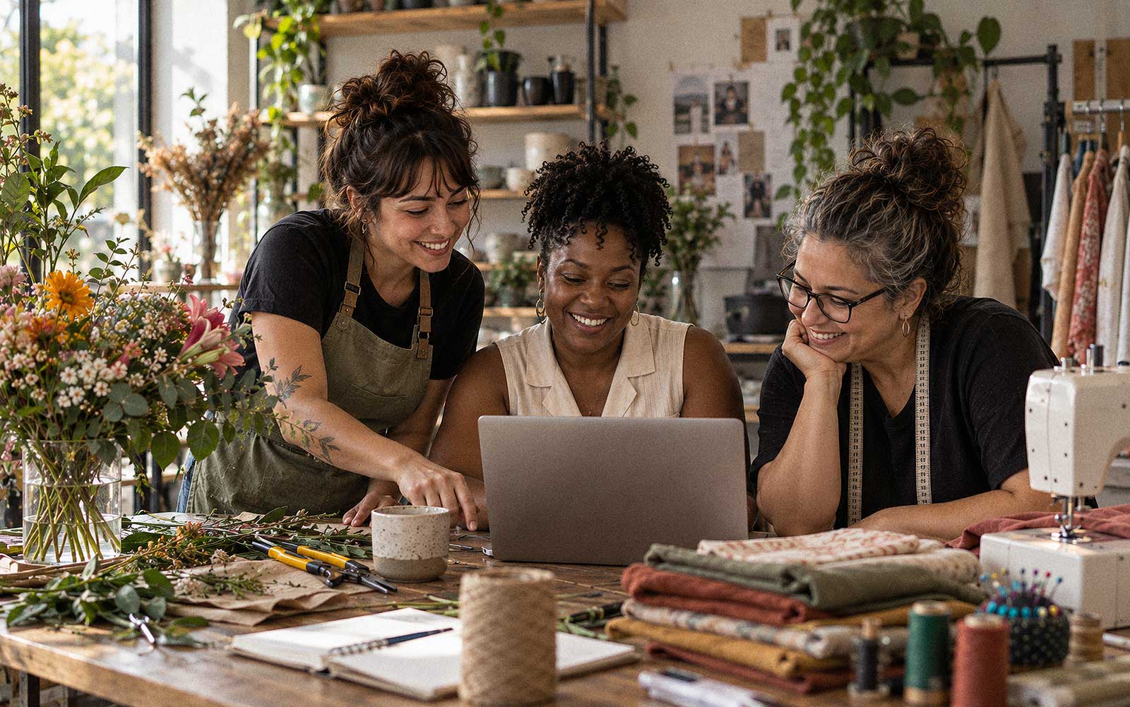 Três mulheres trabalhando juntas em um ateliê, olhando para um laptop entre flores, tecidos e uma máquina de costura.